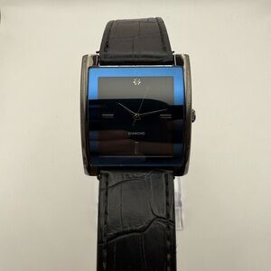 Men's Genuine Diamond Dial Wristwatch Black Band - Silver Bezel (New Battery)